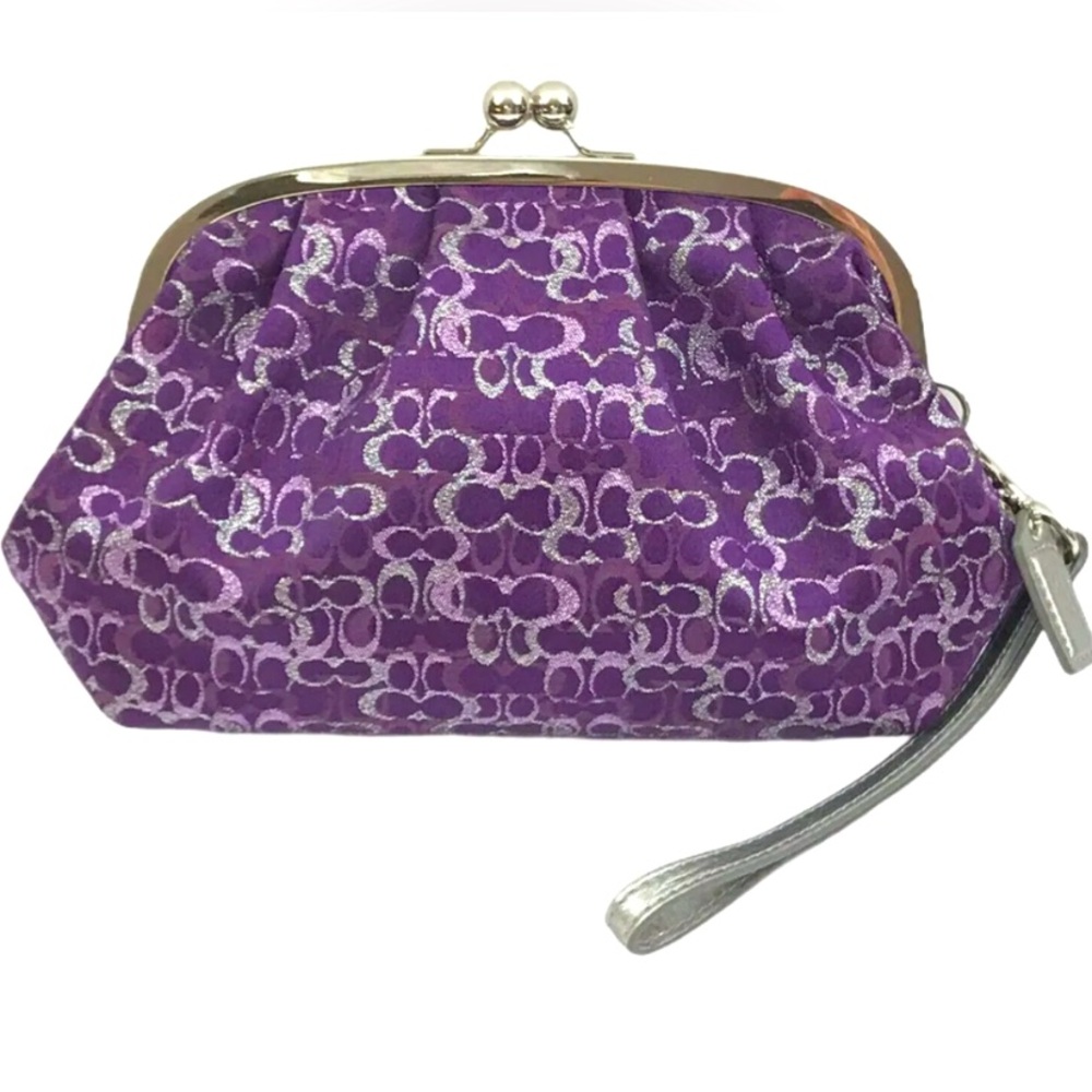 Coach Wristlet Clutch Large Op Art Lurex Kisslock Purple Metallic NEW WITH TAGS